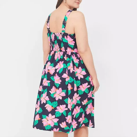 LANE BRYANT Smocked-Back floral Linen blend Midi Dress, size 14